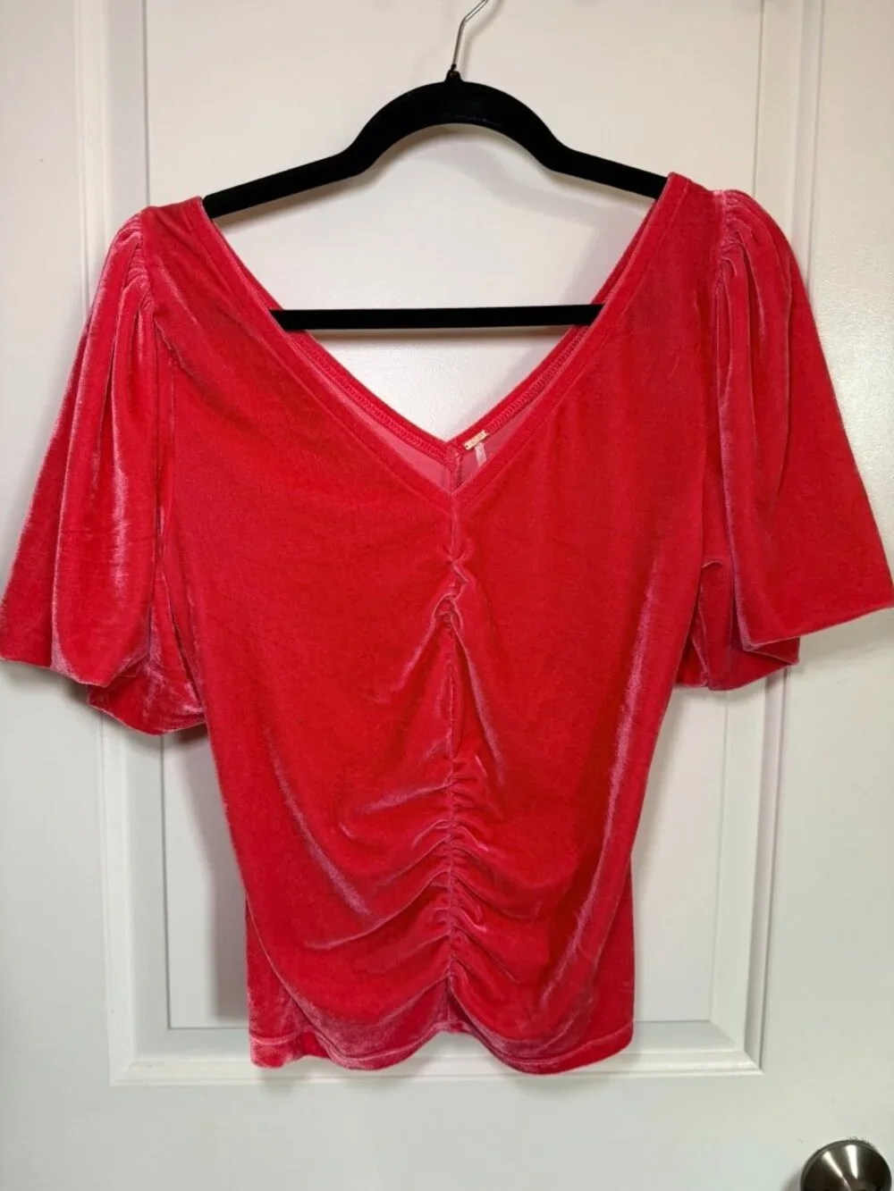 Free People Pink Velvet Cupcake Ruched V-Neck Top Romantic Boho Going Out Top